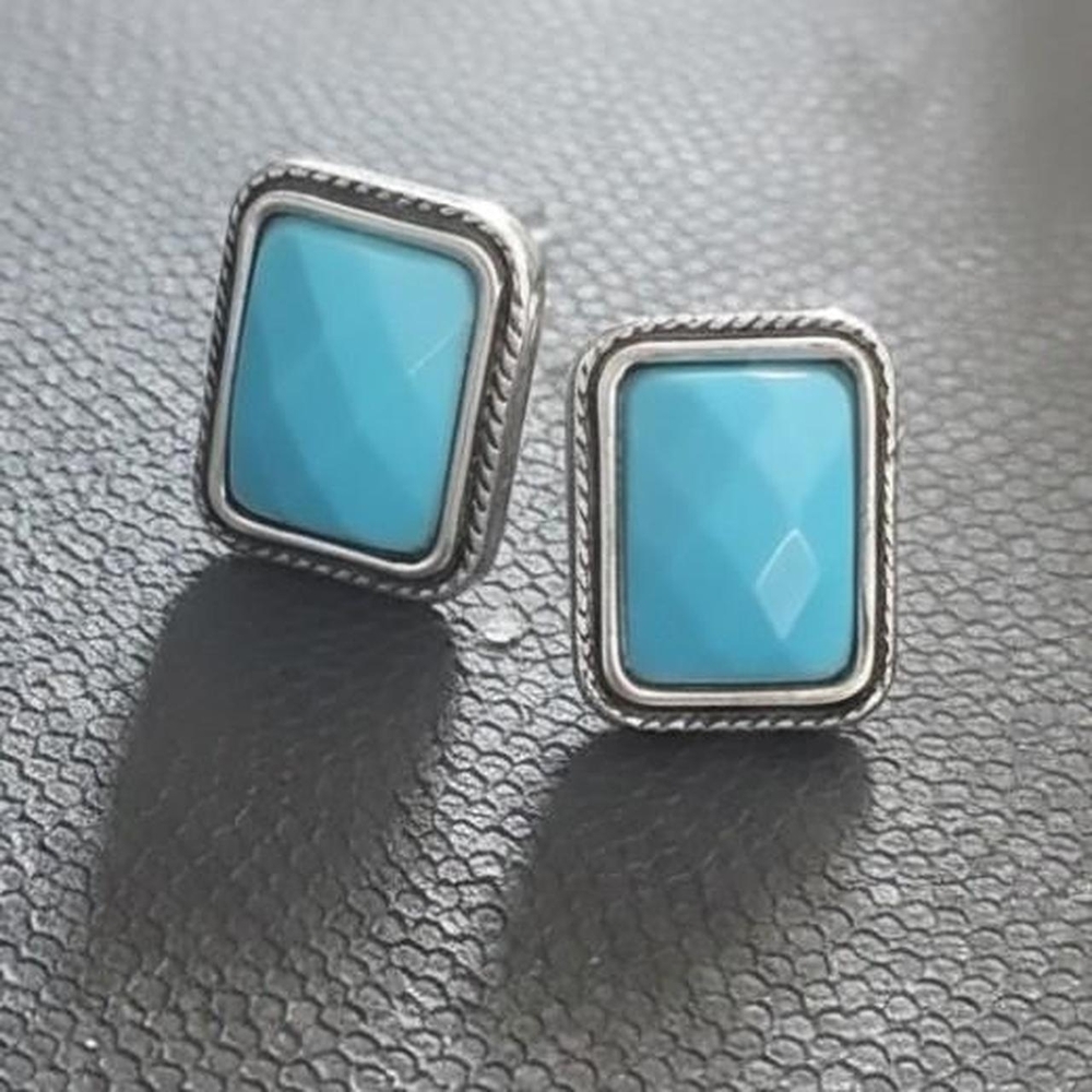 Turquoise Blue Rectangular Stone Stud Earrings in Sterling-Style Setting